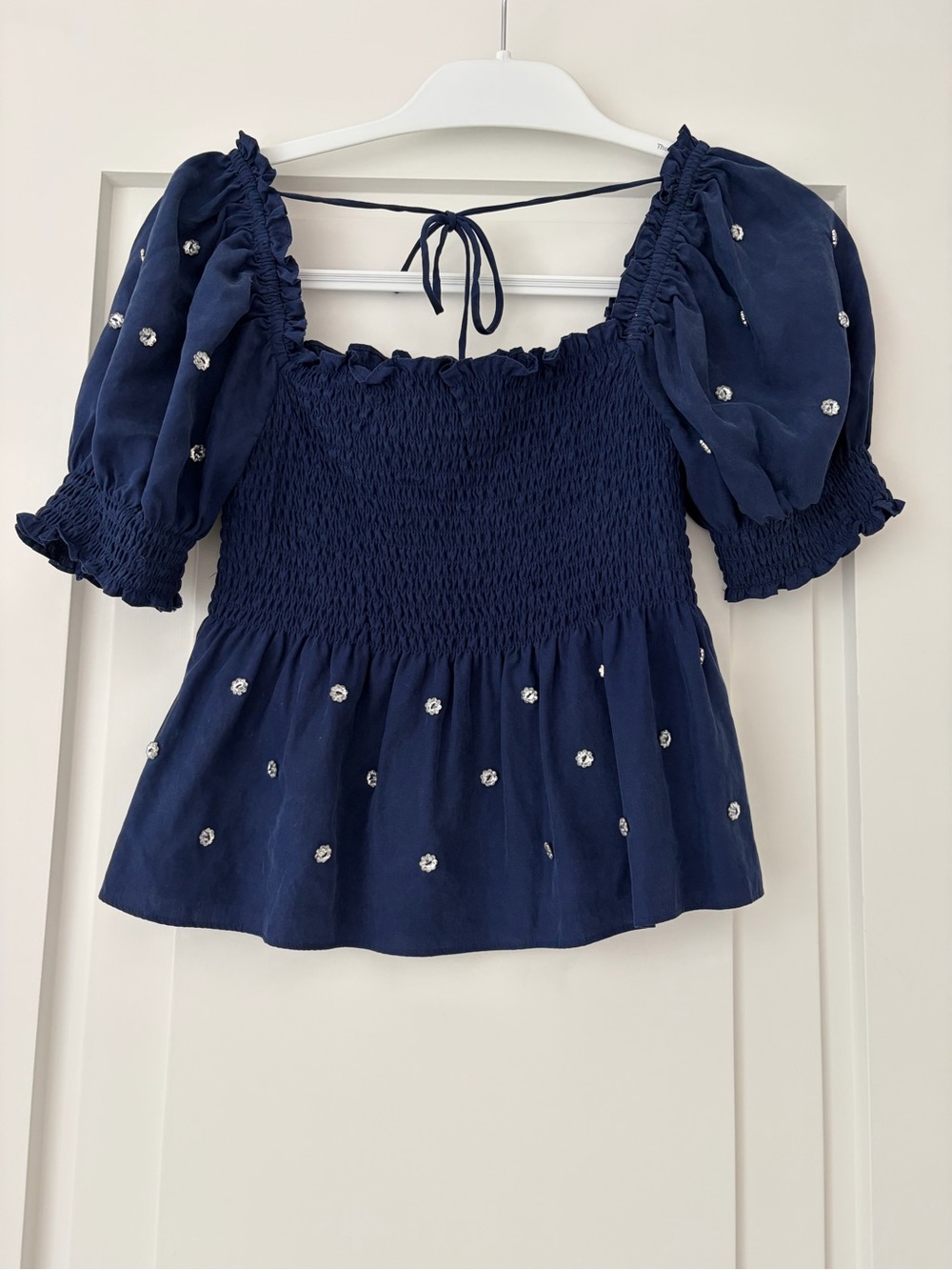 Hill House Navy Smocked Puff-Sleeve Top with jewel detailing